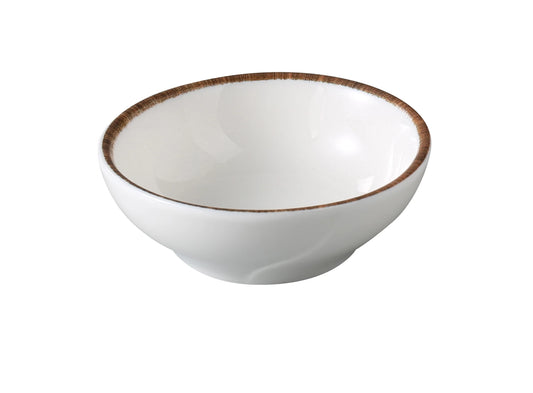 Yanco Sauce Dish PR-502 is a small yet elegant piece that adds a rustic accent to any tabletop. Featuring the Porto collection's signature earthy brown rim and smooth white center, this 1.5 oz dish is perfect for serving sauces, condiments, or small tasting portions. Crafted from high-quality porcelain, it offers lasting durability and visual charm, ideal for both casual dining and upscale service.