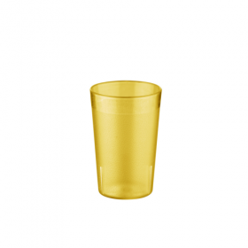Stanton Trading 12-ounce tumbler in an amber color with a pebbled texture for a secure grip. Made from durable plastic, this tumbler is lightweight and ideal for serving beverages in restaurants, cafeterias, and healthcare facilities. It is commonly sold in packs of 12 for convenient bulk use.