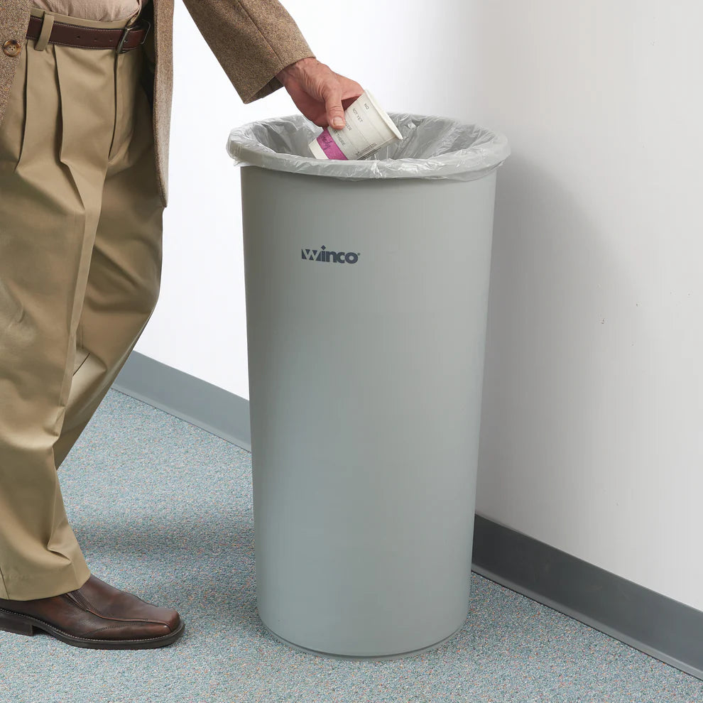 Winco PTCR-22G, 16" Dia x 30-1/2"H, Gray 22 Gallon Round Tall Trash Can