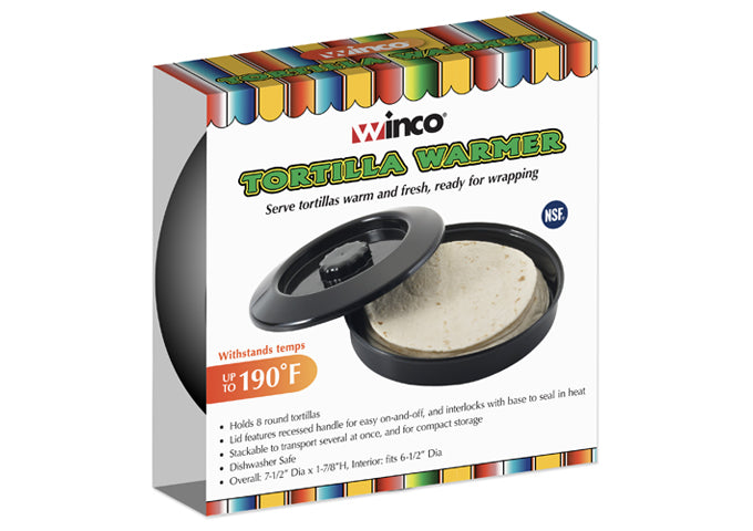 Winco PTW-7K 7-1/2" Dia x 1-7/8"H, Stackable, PP, Black, NSF Tortilla Warmer with Lid