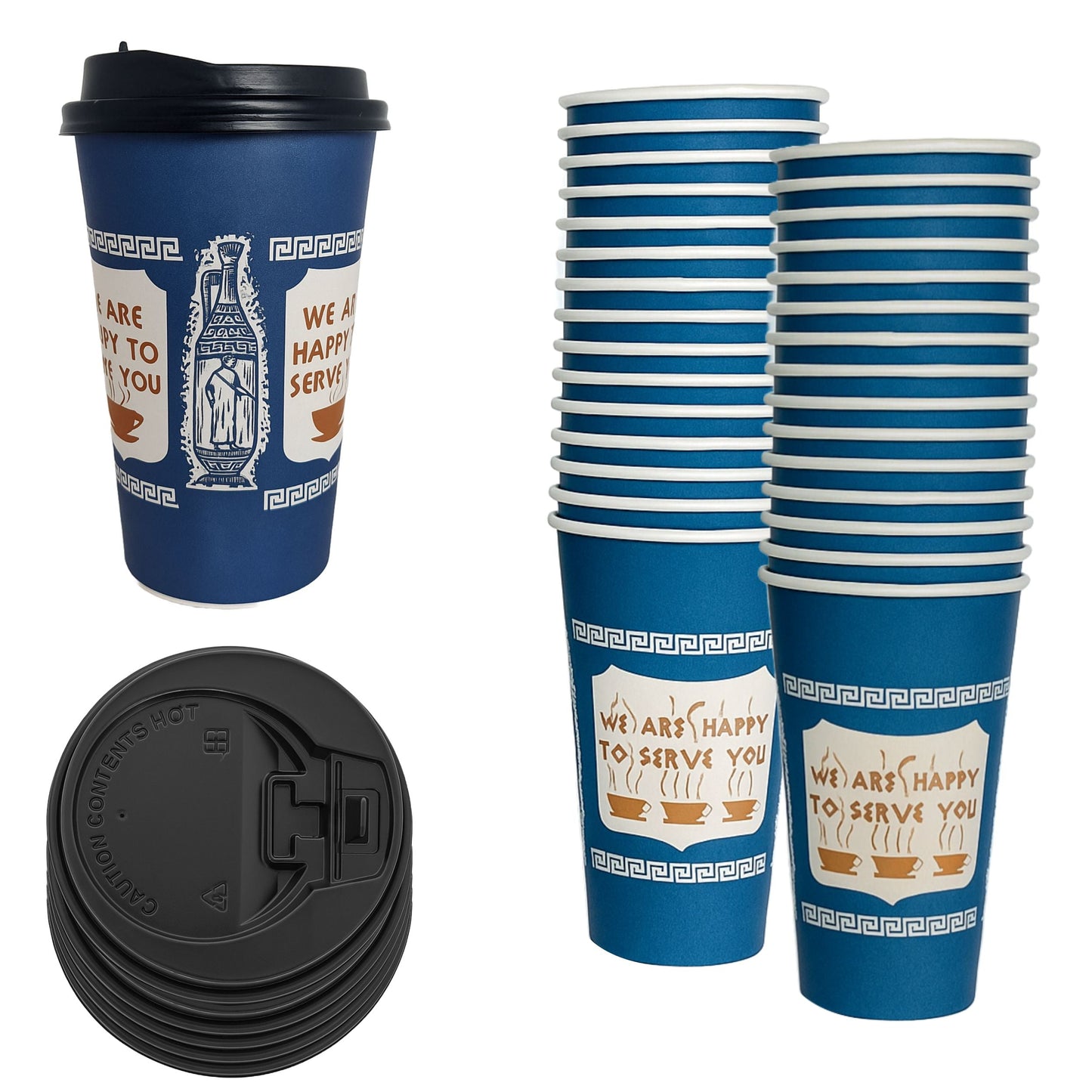 New York Greek Style Insulated Paper Hot Cold Cups with Black Dome Lids