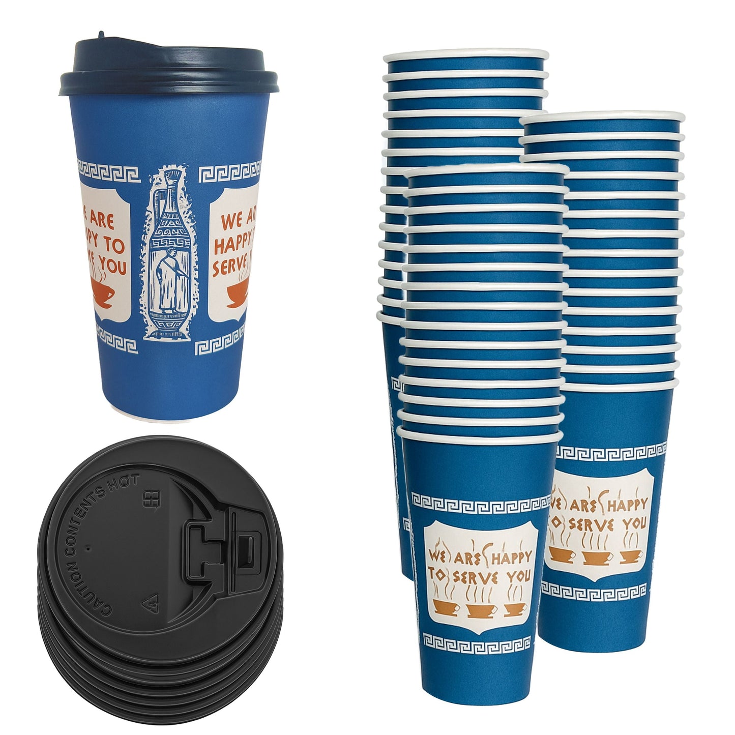 New York Greek Style Insulated Paper Hot Cold Cups with Black Dome Lids
