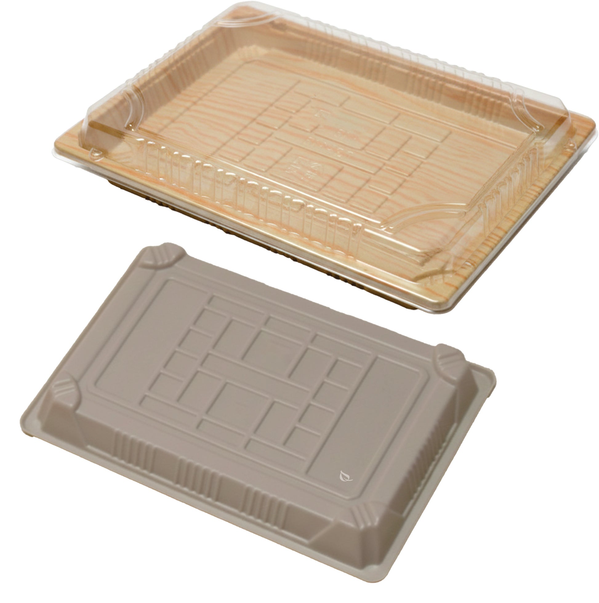 Rectangular bamboo look sushi container with clear plastic lid for takeout