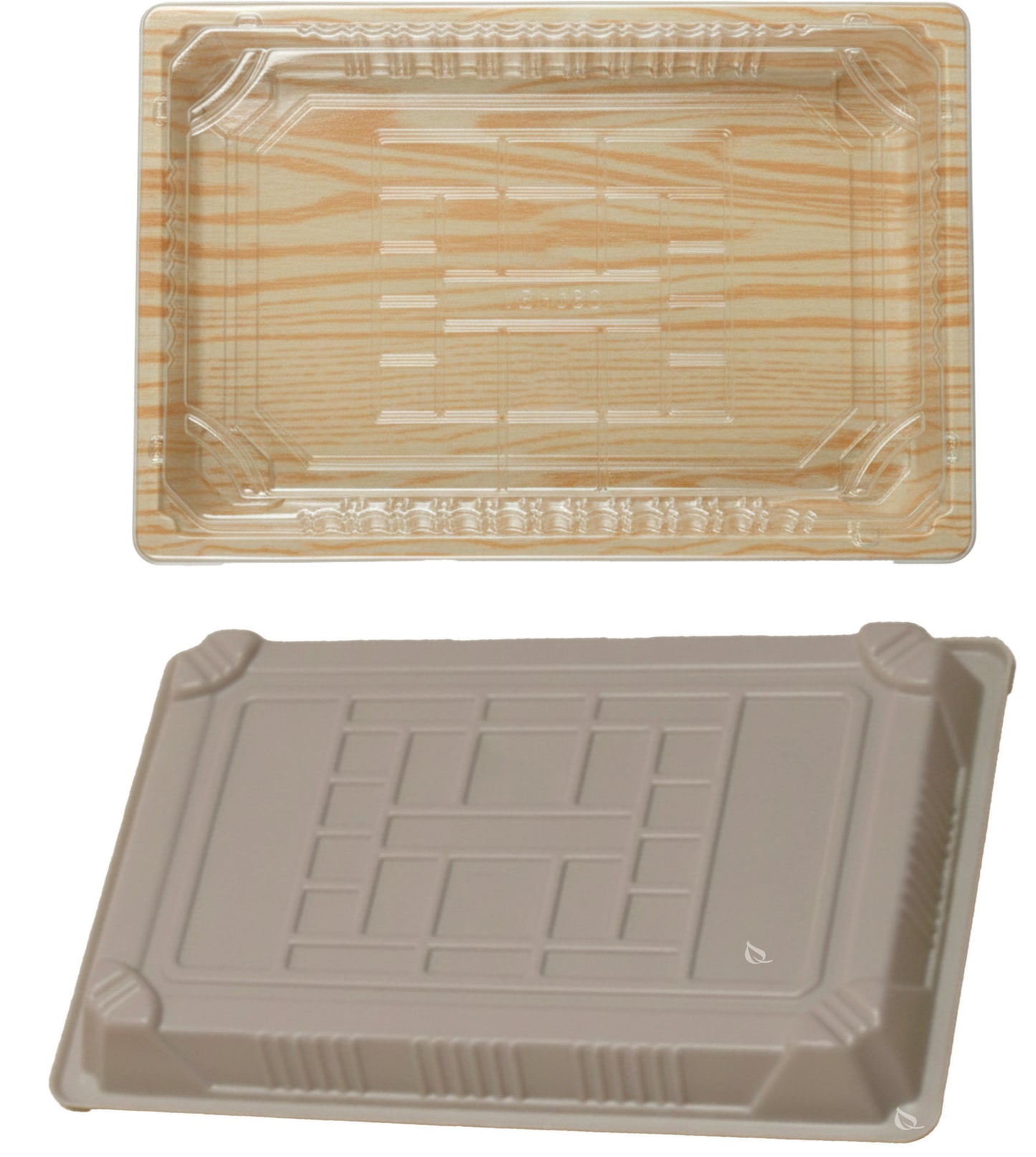 Rectangular bamboo look sushi container with clear plastic lid for takeout