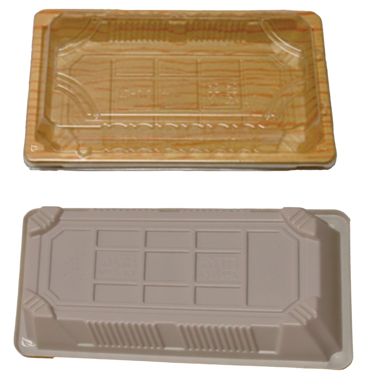 Rectangular bamboo look sushi container with clear plastic lid for takeout