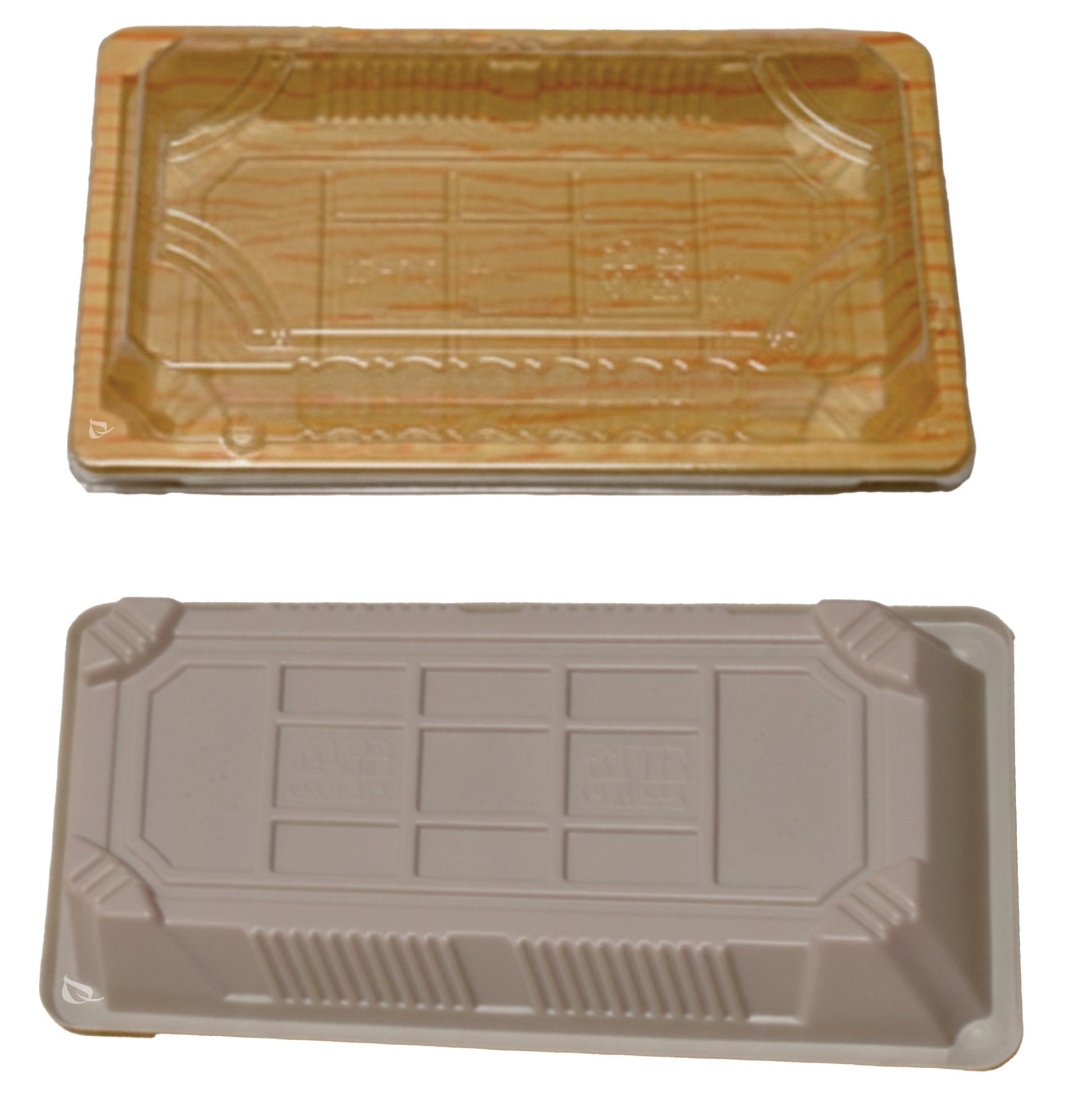 Rectangular bamboo look sushi container with clear plastic lid for takeout