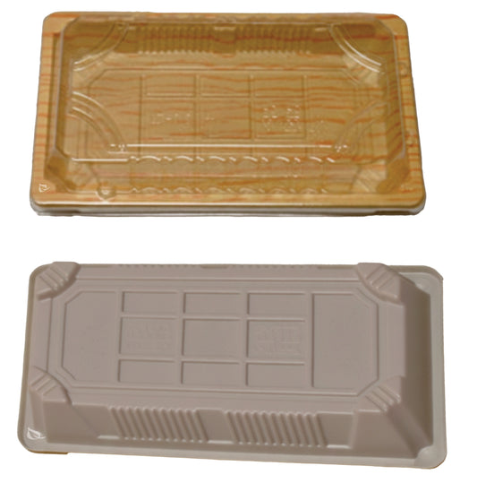 Rectangular bamboo look sushi container with clear plastic lid for takeout