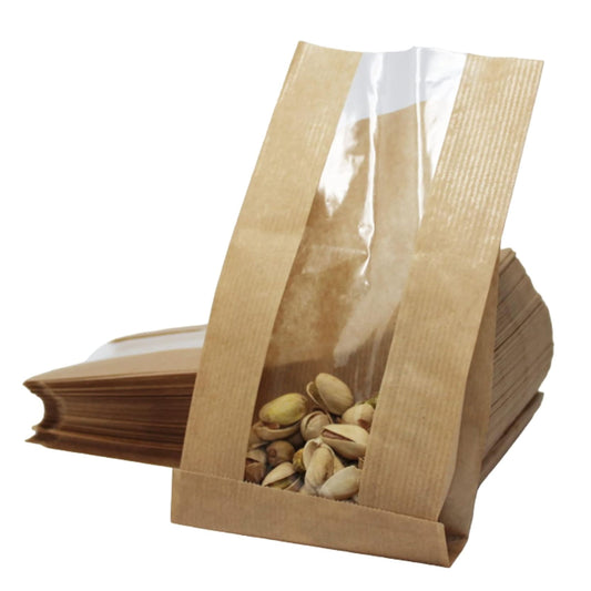Brown Kraft Bakery Bag with Clear Window 11 x 7.1 inches for Cookies, Pastries, Sandwich, Nuts - Grease Resistant