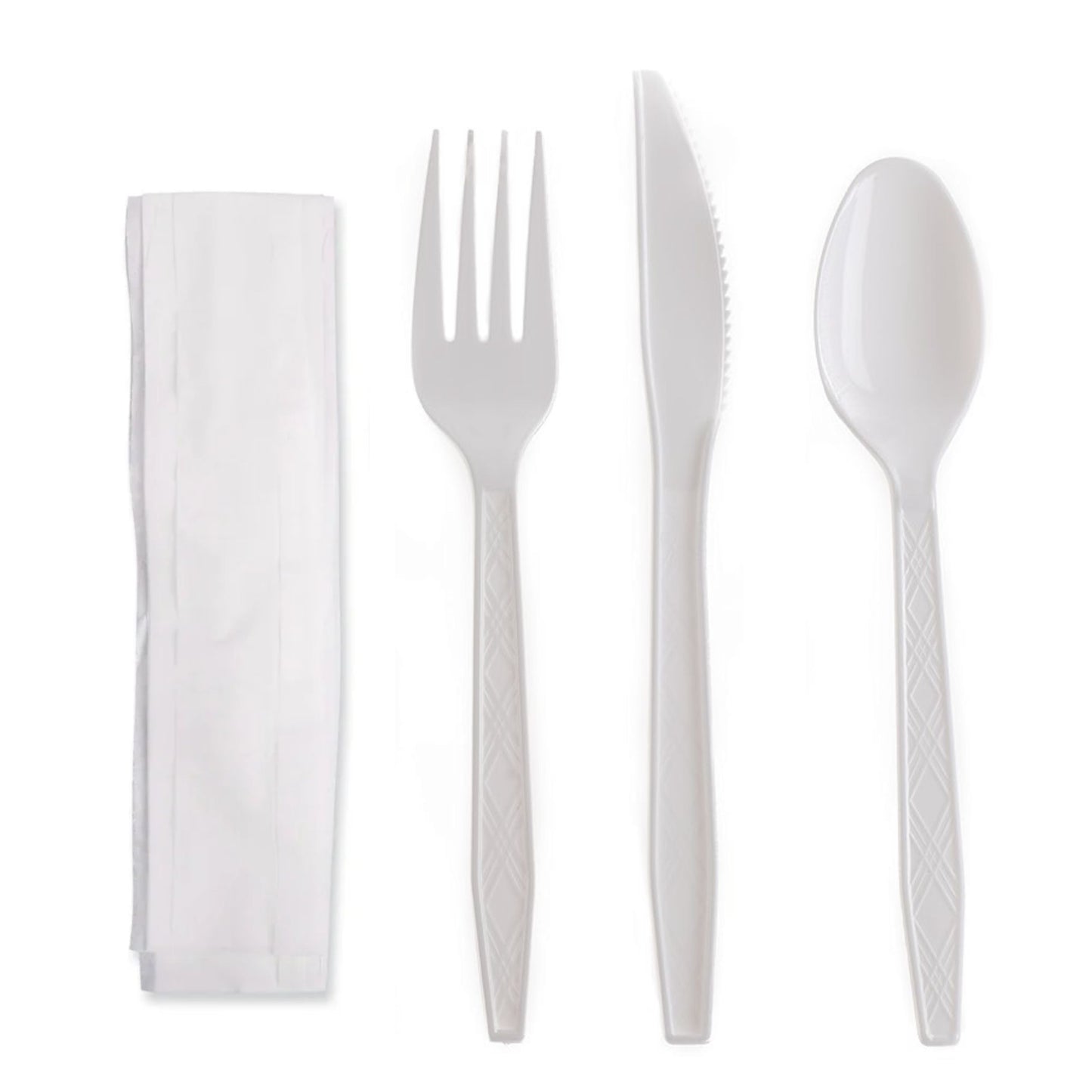 Disposable Plastic Wrapped White Heavy Duty Cutlery Kit 4 in 1 - Fork/Spoon/Knife/Napkin