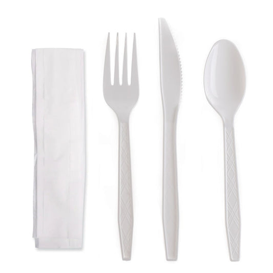 Disposable Plastic Wrapped White Heavy Duty Cutlery Kit 4 in 1 - Fork/Spoon/Knife/Napkin