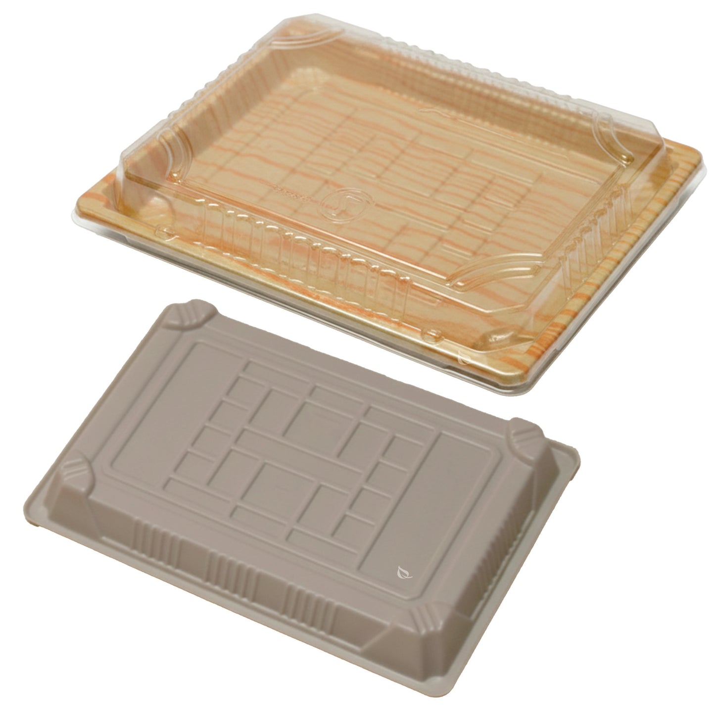 Rectangular bamboo look sushi container with clear plastic lid for takeout