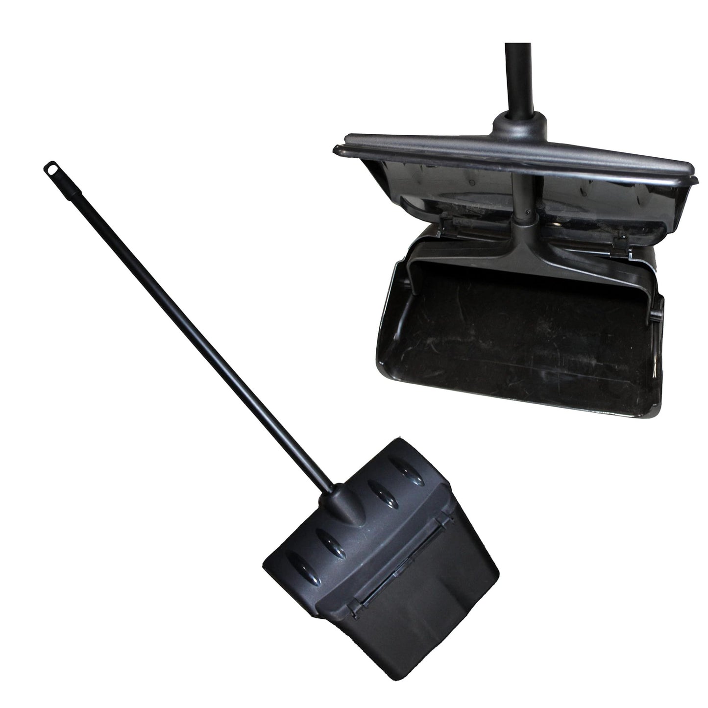Pivoting Plastic Lobby Dust Pan with Plastic Handle with Cover 38" Length Black