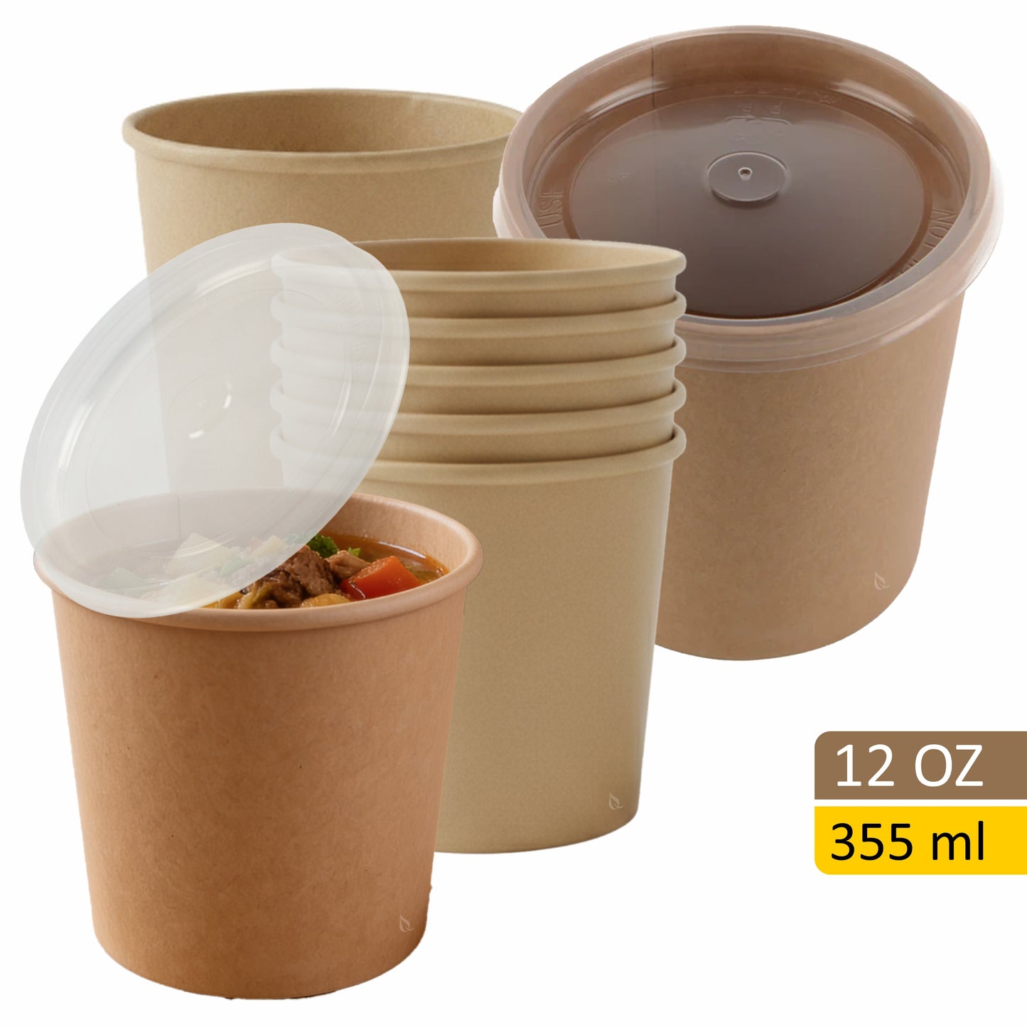 Disposable Kraft Paper Soup Containers with Plastic Lids - Kraft Paper Ice Cream Containers / Yogurt Cups with Plastic Lids (8oz, 12oz, 16oz)