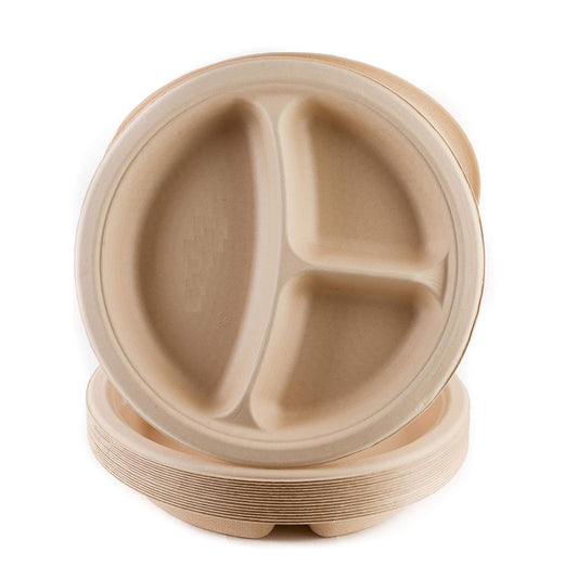 Compostable Natural 3 Compartment Sugarcane Round Plates 100% Biodegradable