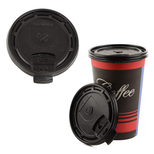 Black Flat Tear Back Lids for Hot Cup, Coffee Cup, Paper Cup - Universal Size Fits 10,12,16,20oz Disposable Cups - Black Coffee Cup Lids Standard 90mm