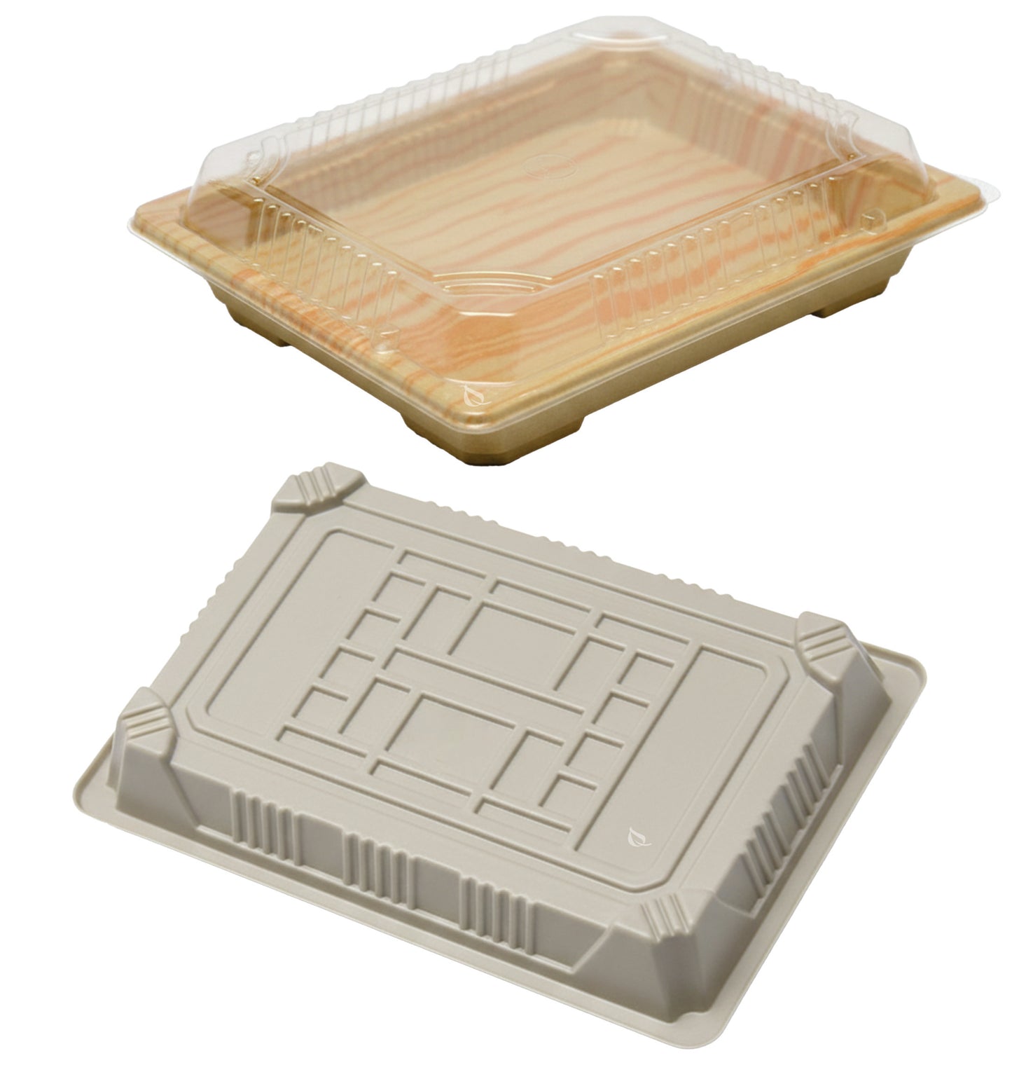 Rectangular bamboo look sushi container with clear plastic lid for takeout
