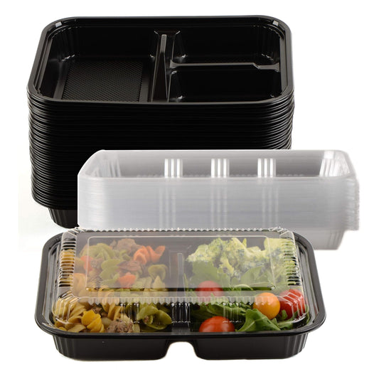 3 Compartment Black Disposable Container Meal Prep Bento Box with Lids