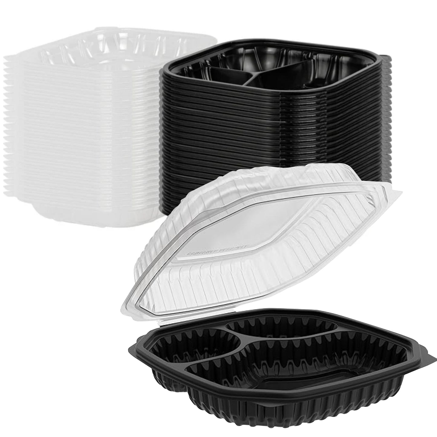 EcoQuality 3 compartment bagasse clamshell takeout box 10.5x9.5x3 inches