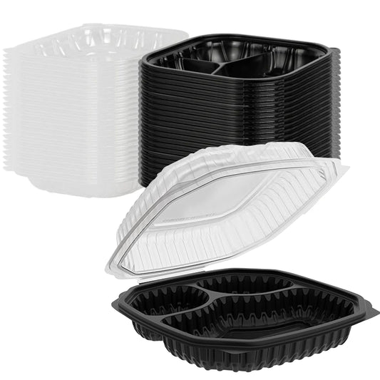 EcoQuality 3 compartment bagasse clamshell takeout box 10.5x9.5x3 inches