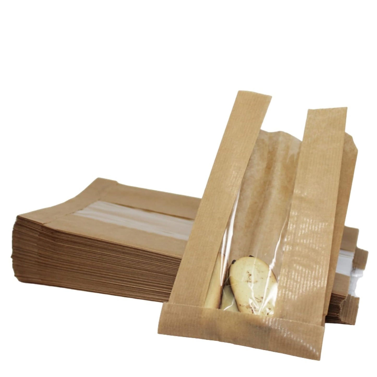 Brown Kraft Bakery Bag with Clear Window 8.7 x 4.7 inches for Cookies, Pastries, Sandwich, Nuts - Grease Resistant