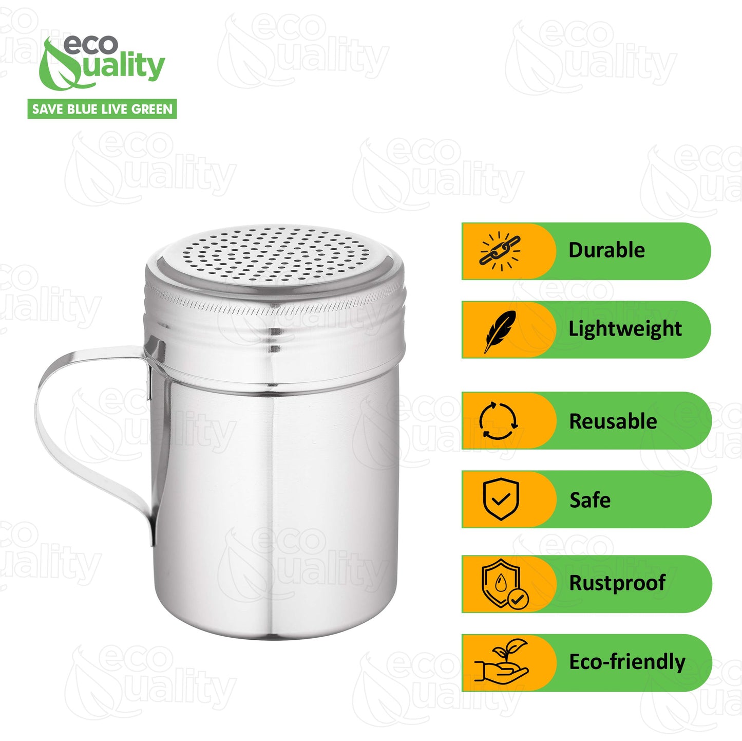 Stainless Steel Versatile Dredge Shaker Set with Handles 10 Ounce - Salt, Pepper, Sugar, Condiments, Oregano, Spices Shaker for Restaurants, Baking, Cooking by EcoQuality (10oz)