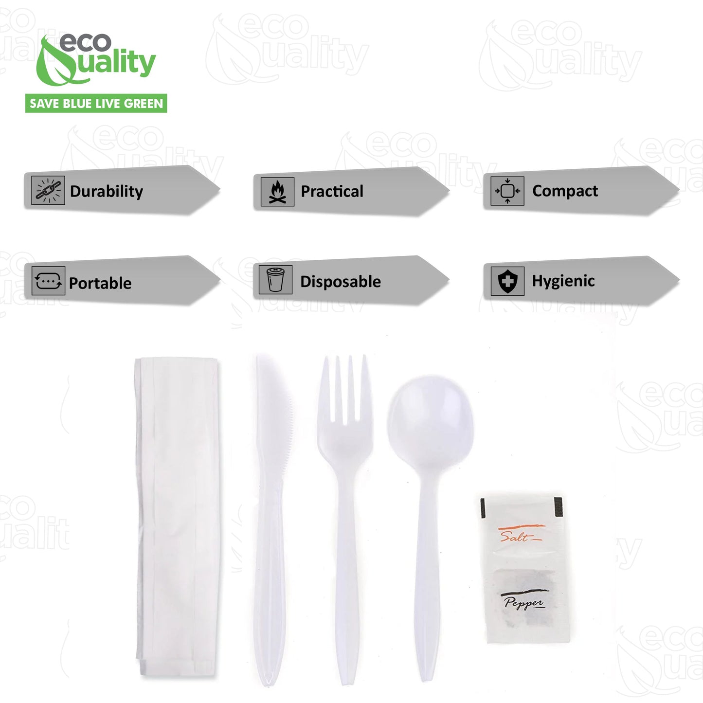 Disposable Plastic Wrapped Cutlery Kit 6 in 1 - Fork/Spoon/Knife/Napkin/Salt/Pepper