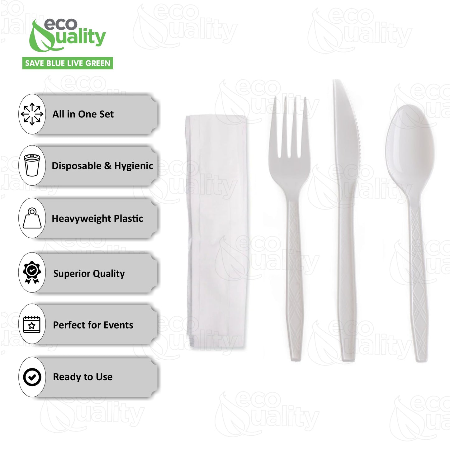 Disposable Plastic Wrapped White Heavy Duty Cutlery Kit 4 in 1 - Fork/Spoon/Knife/Napkin