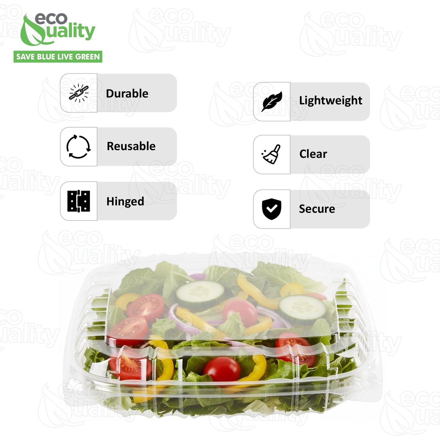 8" x 8" x 3" Clear Hinged Lid Clamshell Plastic Container, Single Compartment Take out Containers