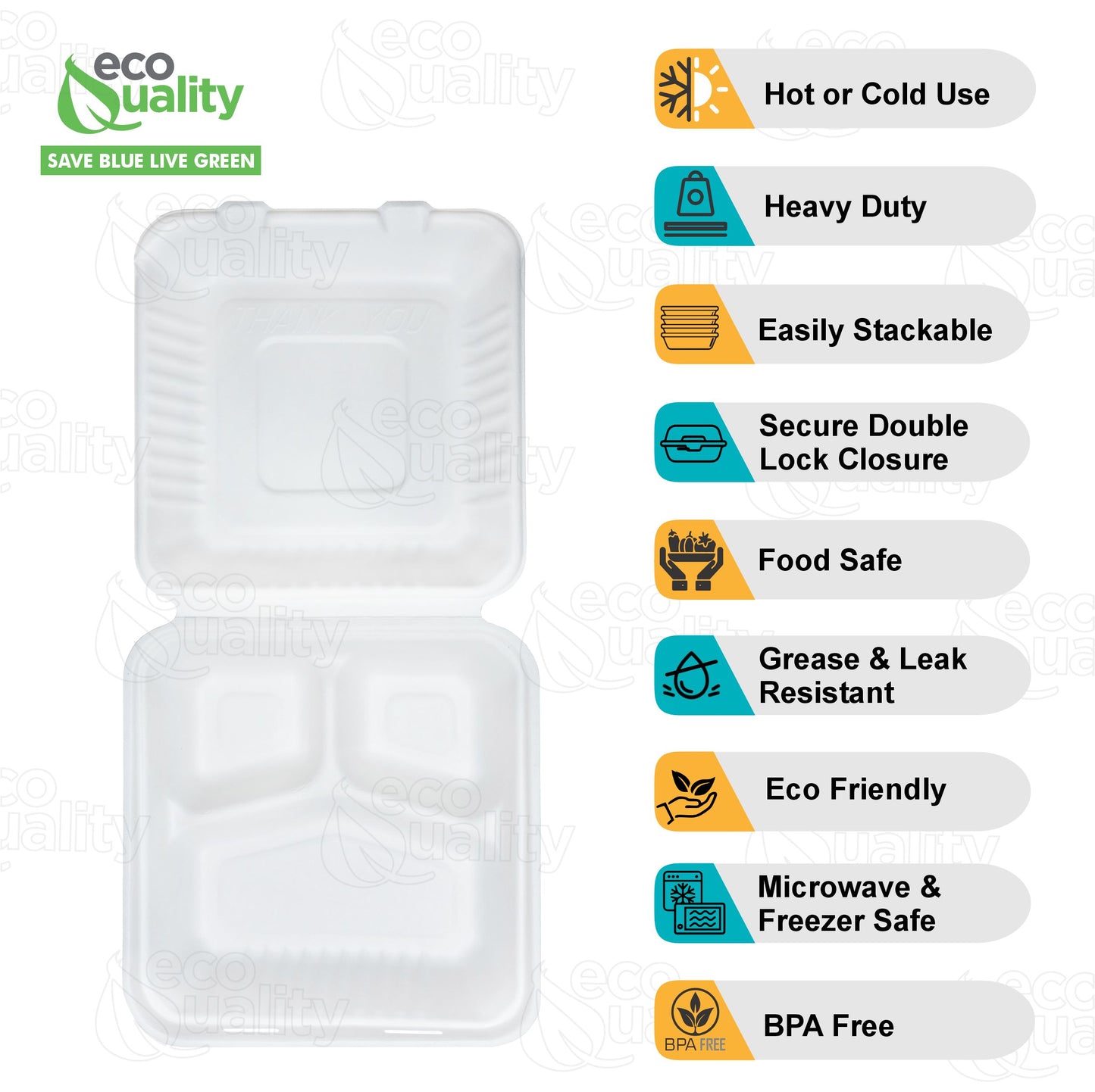 3 Compartment Compostable Hinged Clamshell Take Out Containers