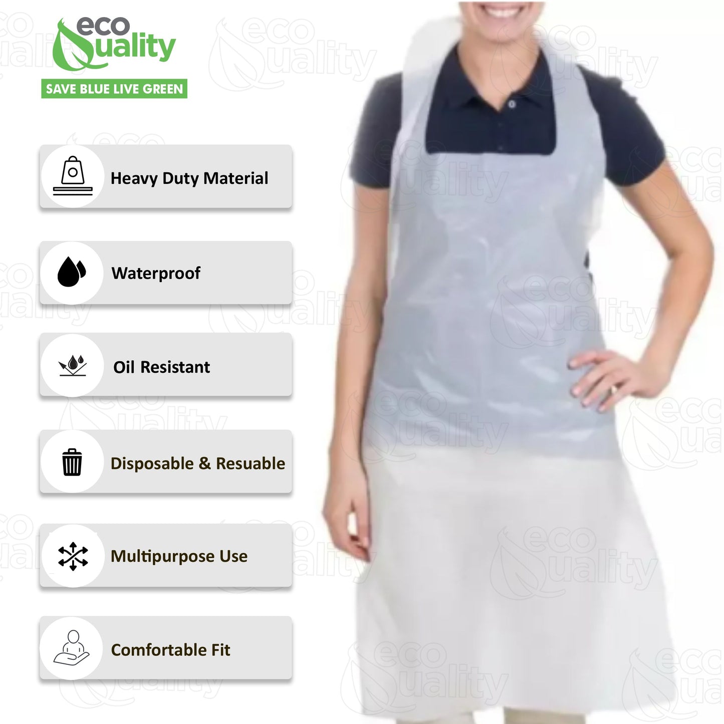 EcoQuality Disposable/Reusable White Plastic Aprons 28" x 46" Durable, Heavy, Waterproof Polyethylene, for Cooking, Painting, Gardening, Men & Women