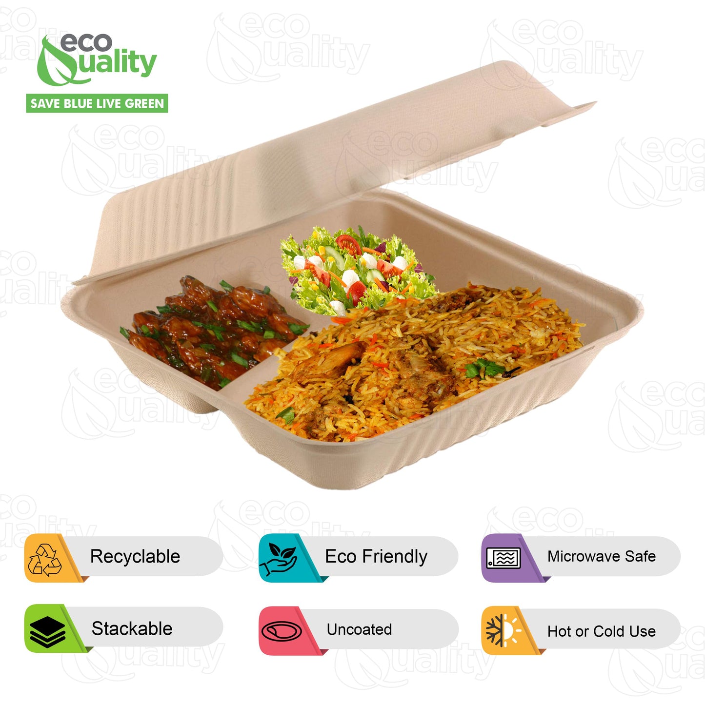 3 Compartment Compostable Hinged Clamshell Take Out Containers