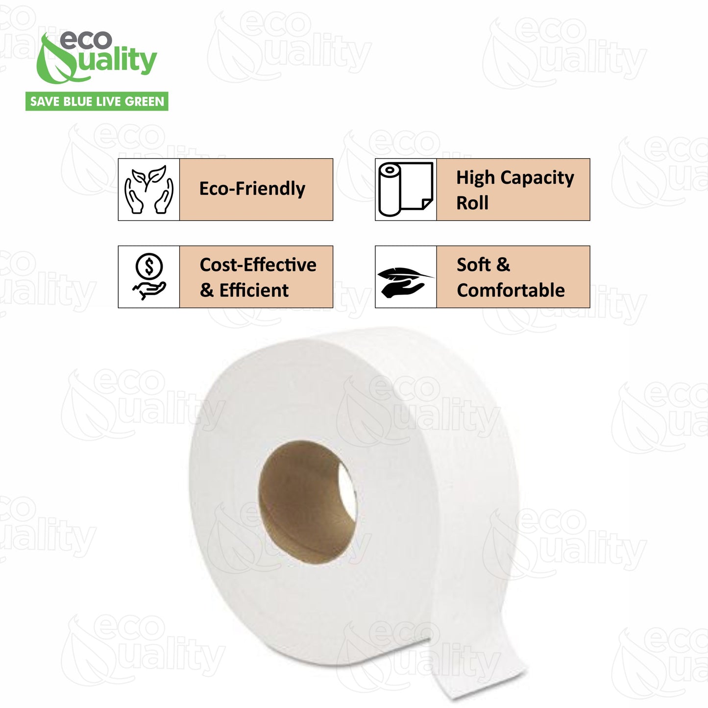 9" Diameter Toilet Paper Jumbo Roll Bathroom Tissue - 2-Ply White 1000 Feet Per Roll