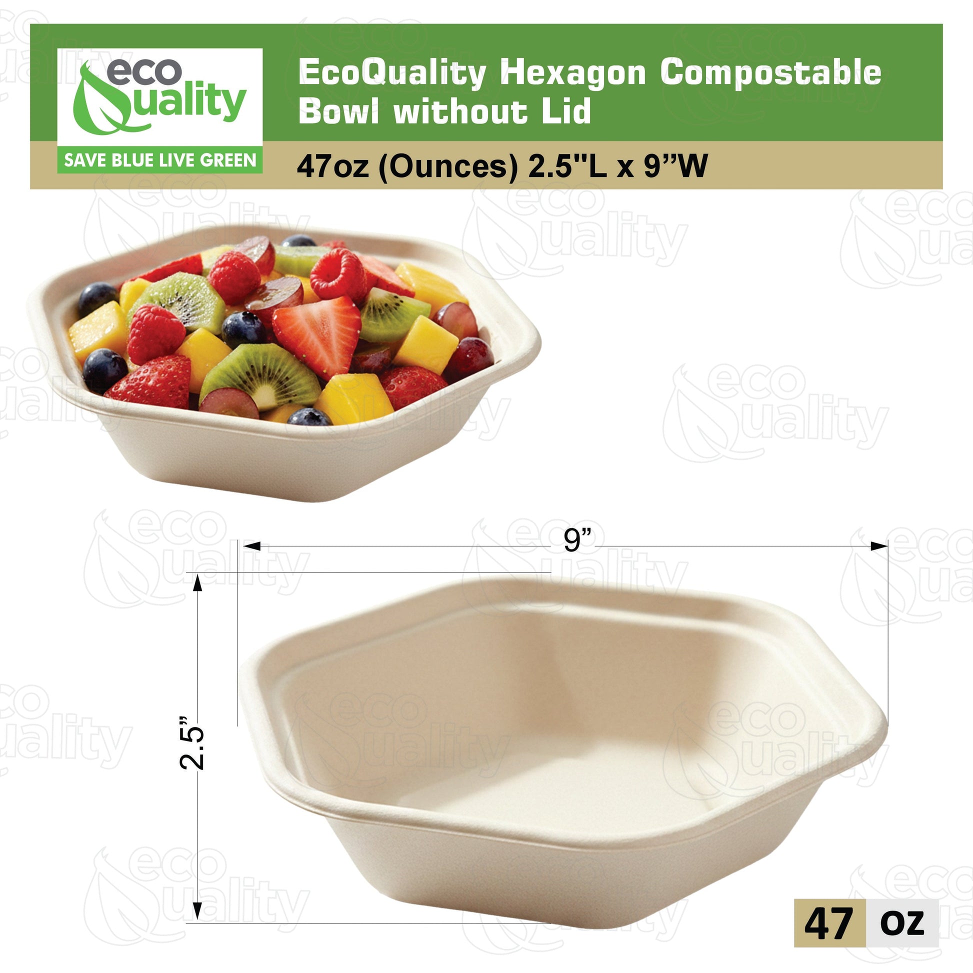 Hexagon 47oz disposable bowl made from sugarcane fiber compostable catering use