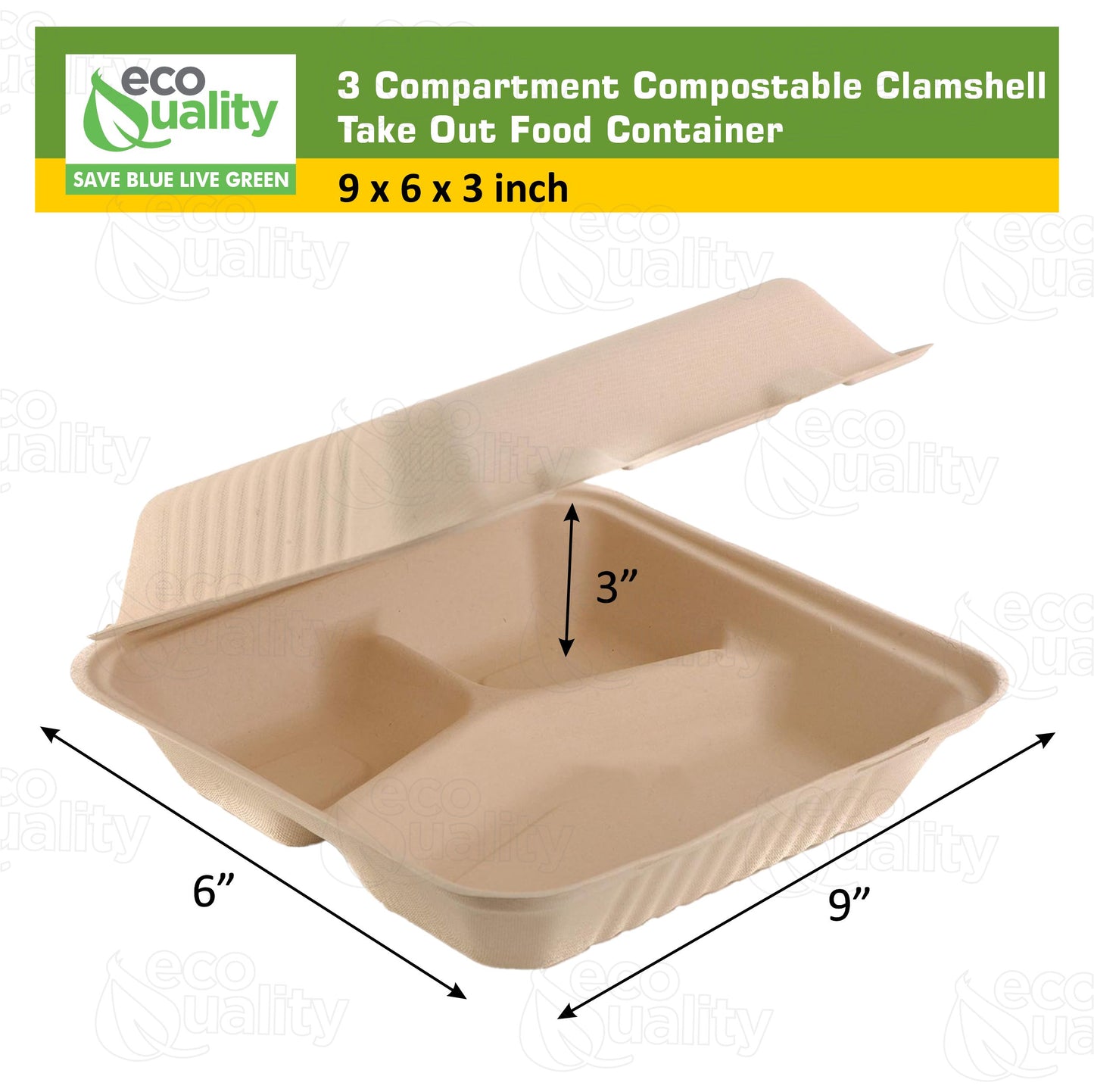 3 Compartment Compostable Hinged Clamshell Take Out Containers