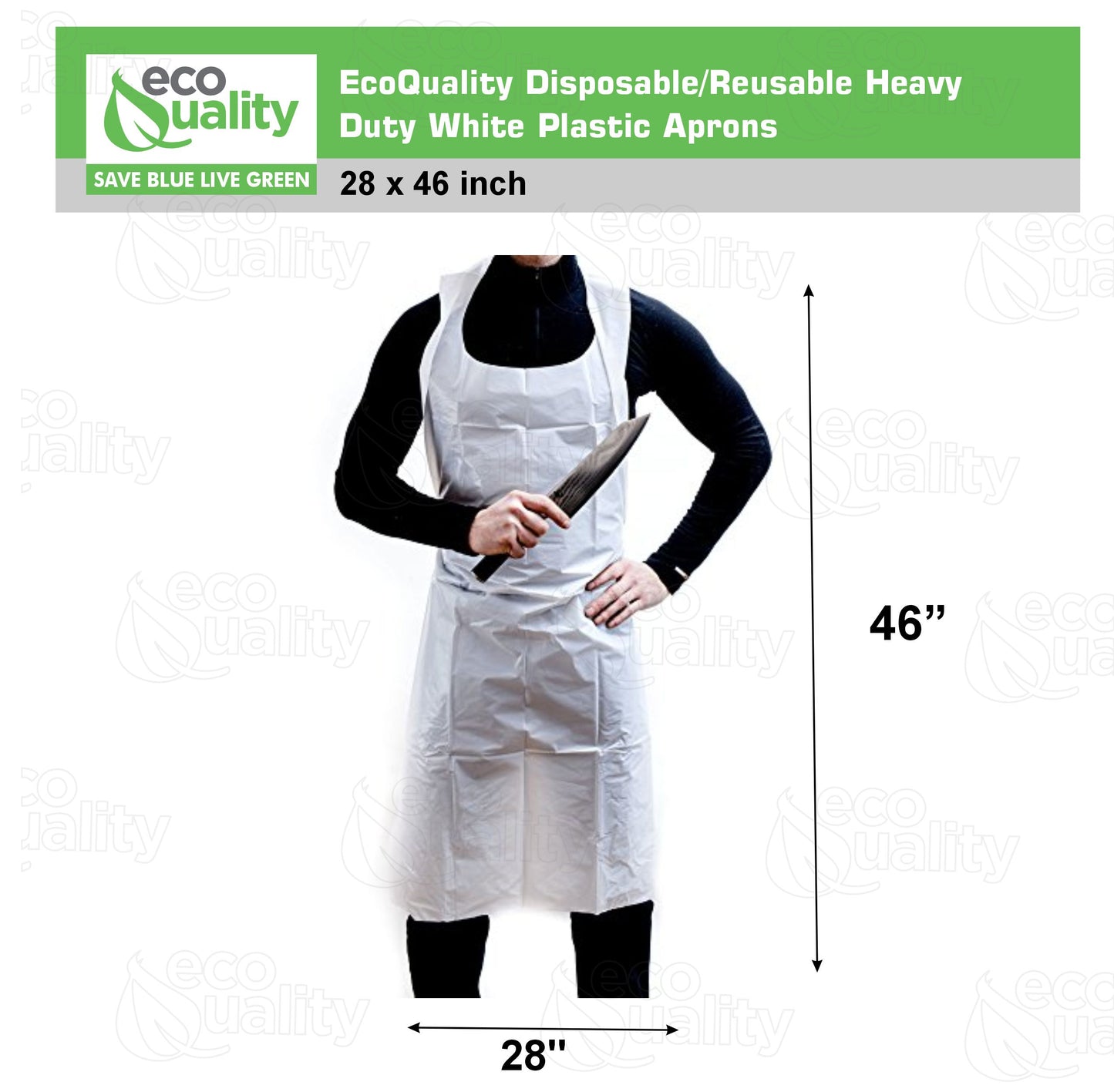 EcoQuality Disposable/Reusable White Plastic Aprons 28" x 46" Durable, Heavy, Waterproof Polyethylene, for Cooking, Painting, Gardening, Men & Women