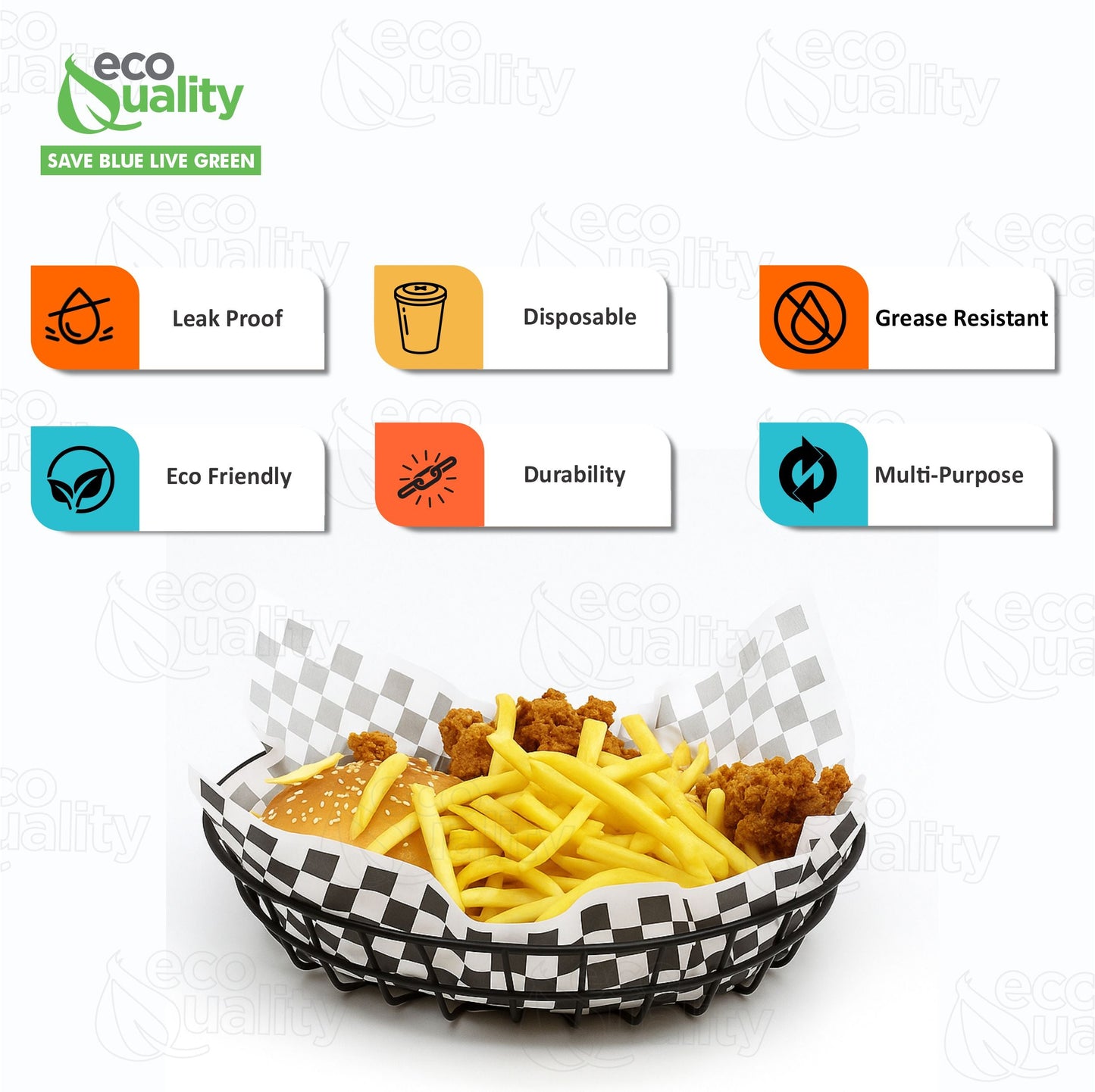 Checkerboard Food Basket Liner Sheets Grease Resistant 12x12 Inches