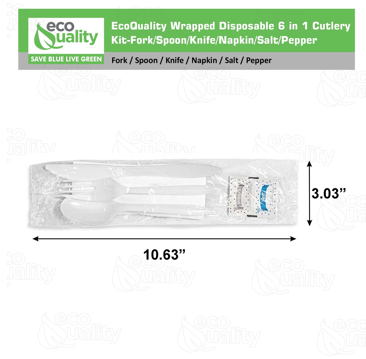 Disposable Plastic Wrapped Cutlery Kit 6 in 1 - Fork/Spoon/Knife/Napkin/Salt/Pepper