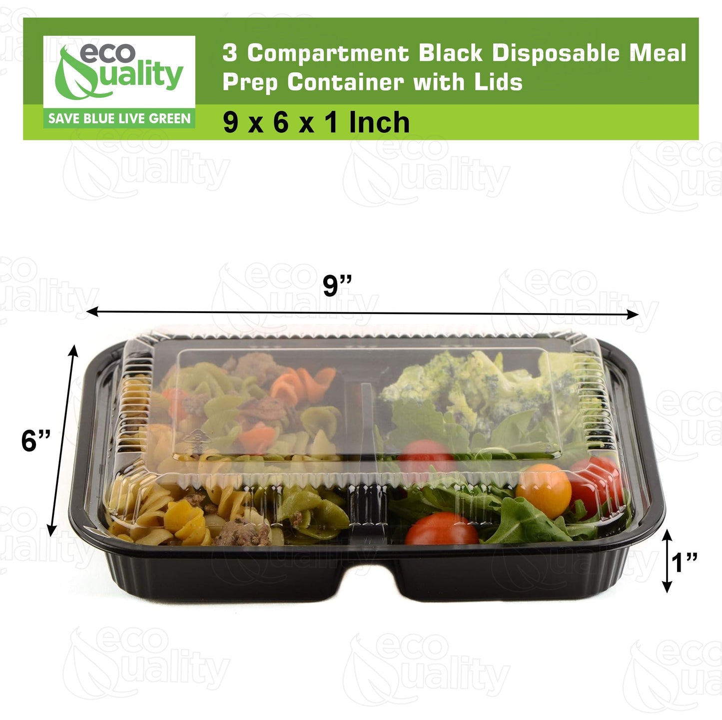 3 Compartment Black Disposable Container Meal Prep Bento Box with Lids
