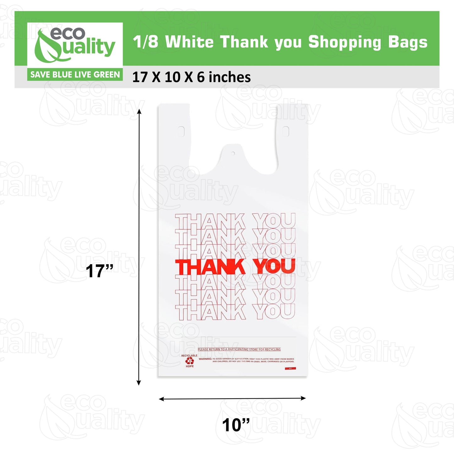 Medium 1/ 8 Plastic White Thank You T-Shirt Bags, 17" x 6" Reusable Recyclable Shopping Bags