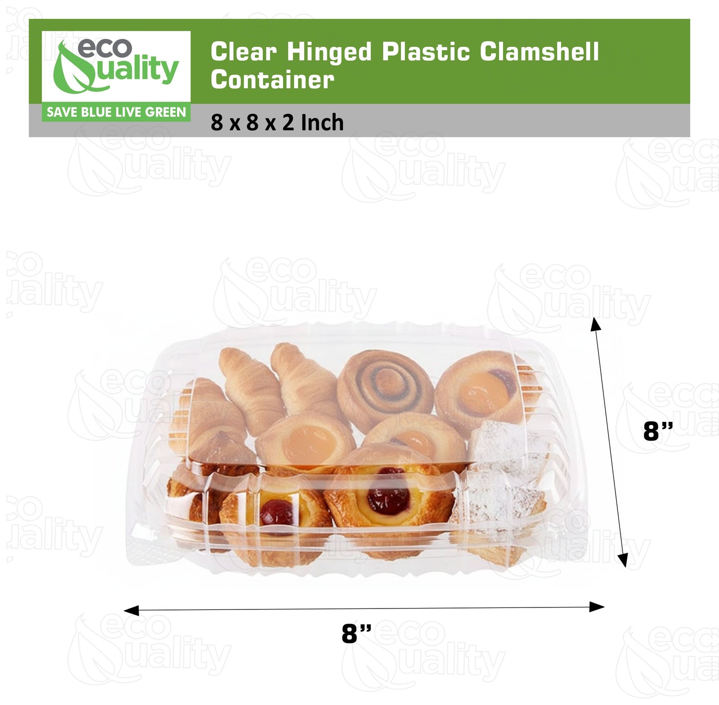 8" x 8" x 3" Clear Hinged Lid Clamshell Plastic Container, Single Compartment Take out Containers