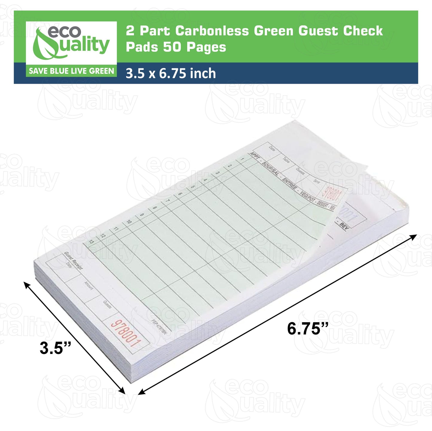 Green Guest Check Pads 2 Part Carbonless - 50 Pages per Server Pad - Notepad for Waiter, Waitress and Restaurants Server Book (4.2 x 7.2 inches)