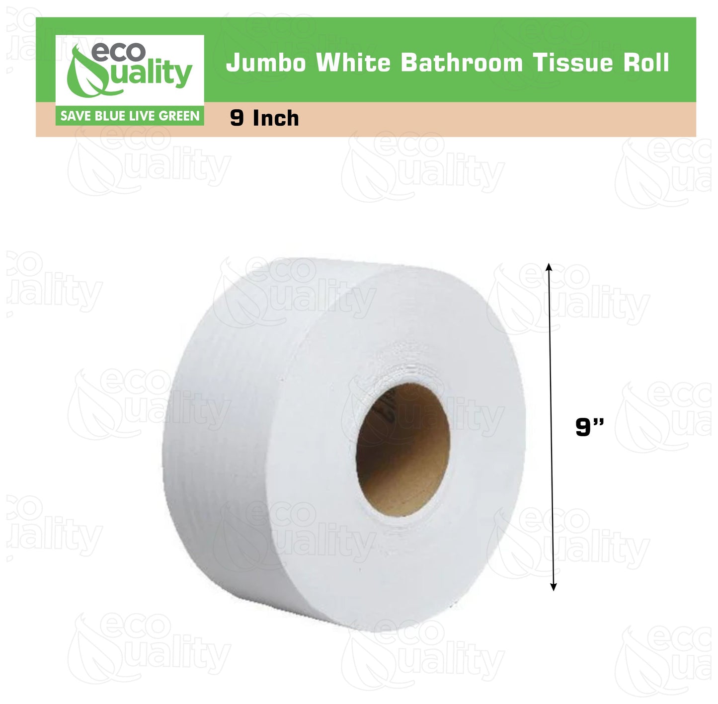 9" Diameter Toilet Paper Jumbo Roll Bathroom Tissue - 2-Ply White 1000 Feet Per Roll