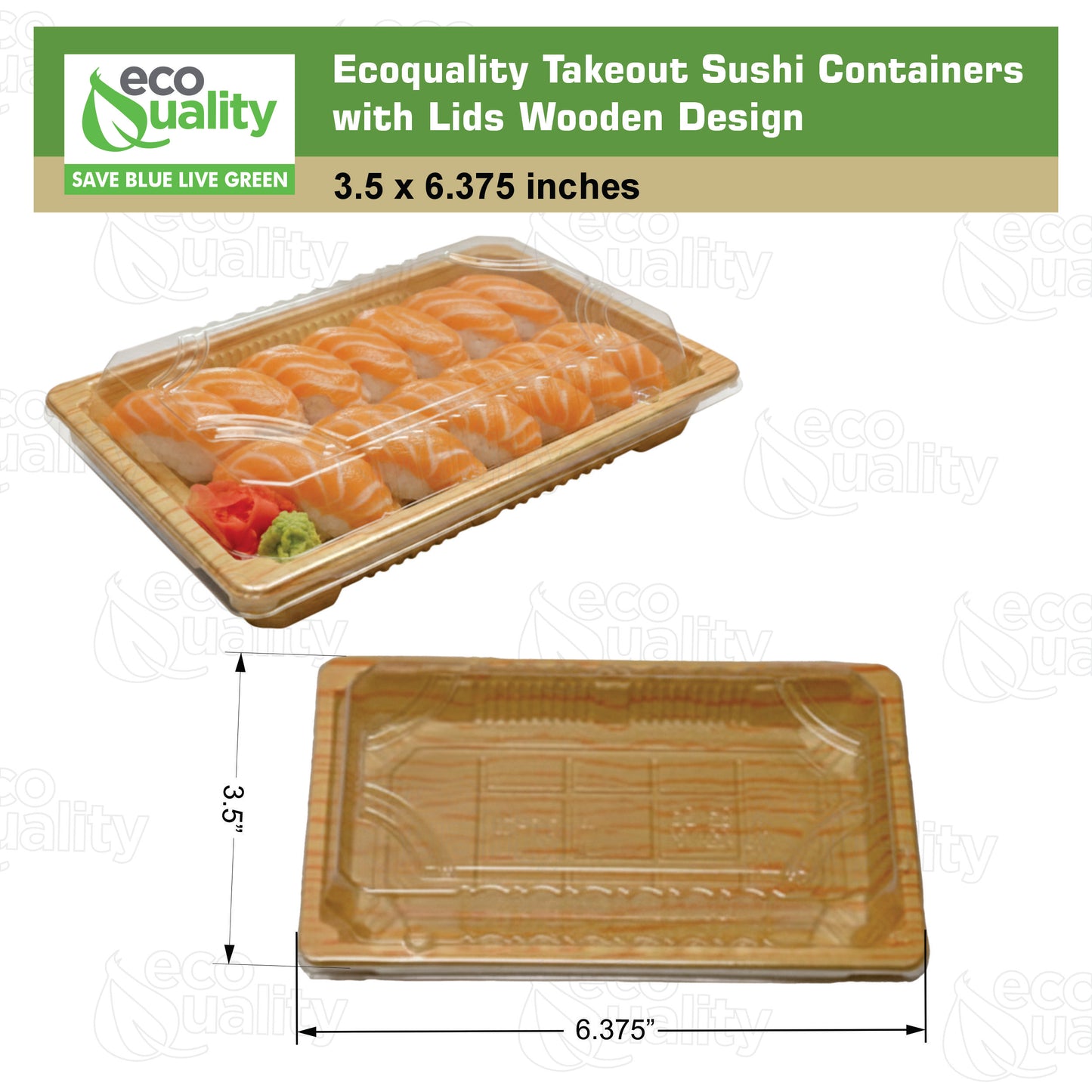 Rectangular bamboo look sushi container with clear plastic lid for takeout