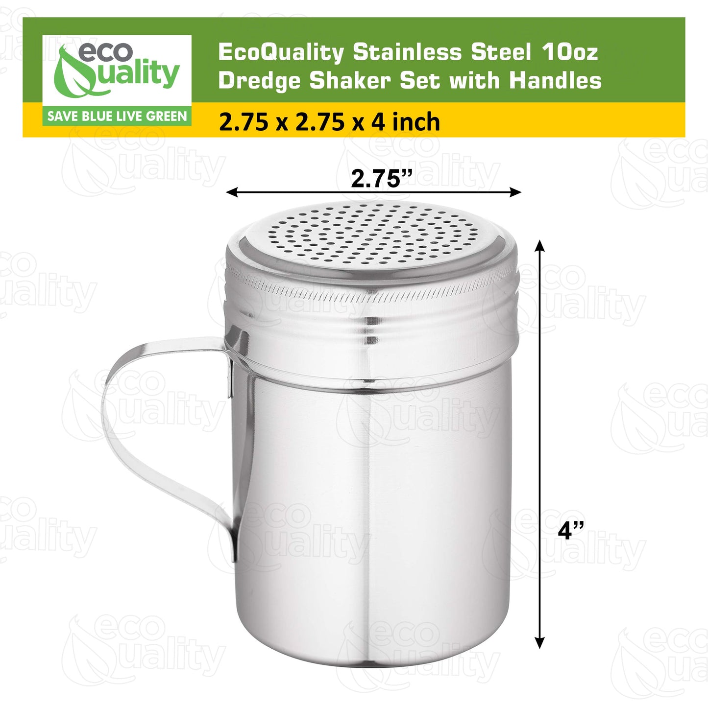 Stainless Steel Versatile Dredge Shaker Set with Handles 10 Ounce - Salt, Pepper, Sugar, Condiments, Oregano, Spices Shaker for Restaurants, Baking, Cooking by EcoQuality (10oz)