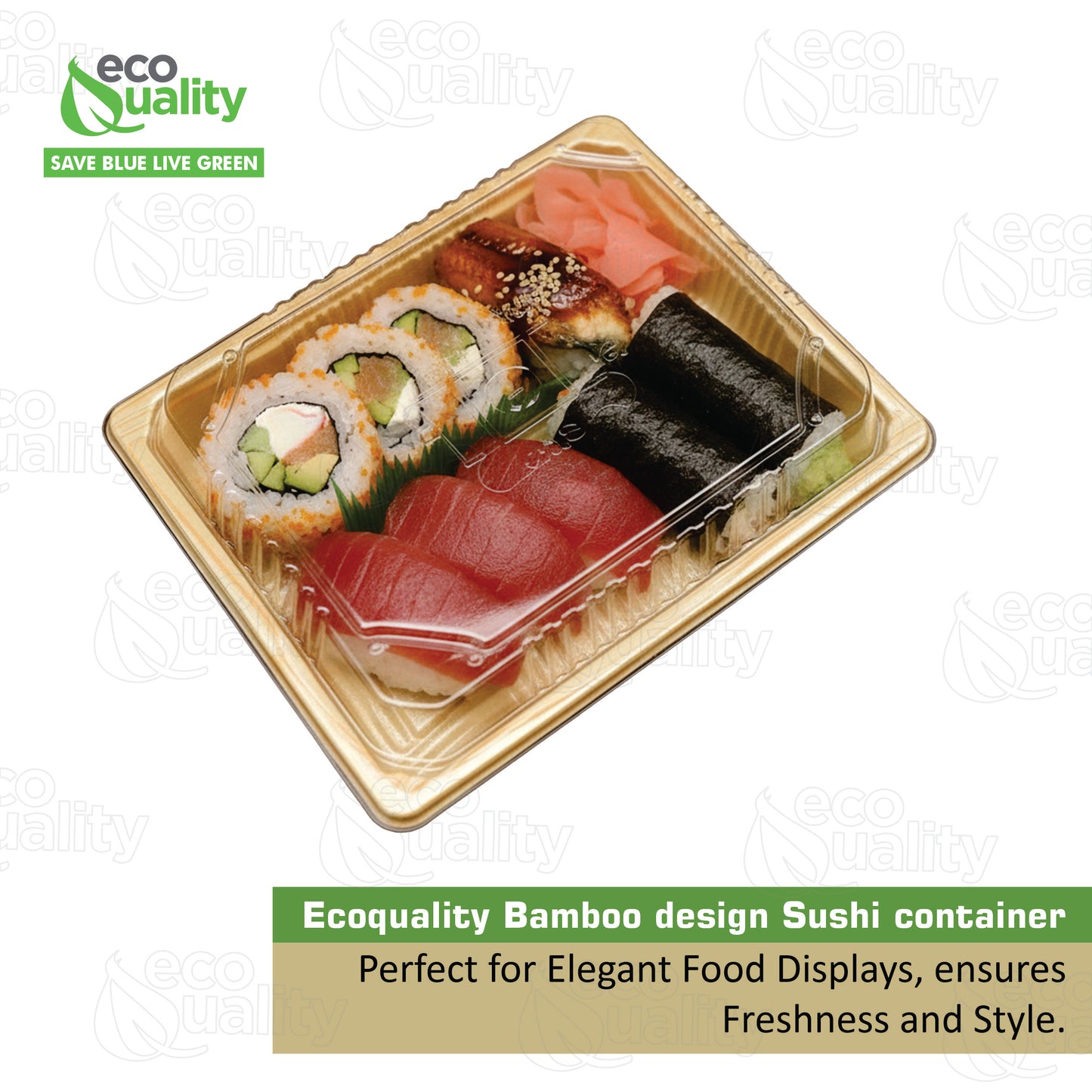 Rectangular bamboo look sushi container with clear plastic lid for takeout