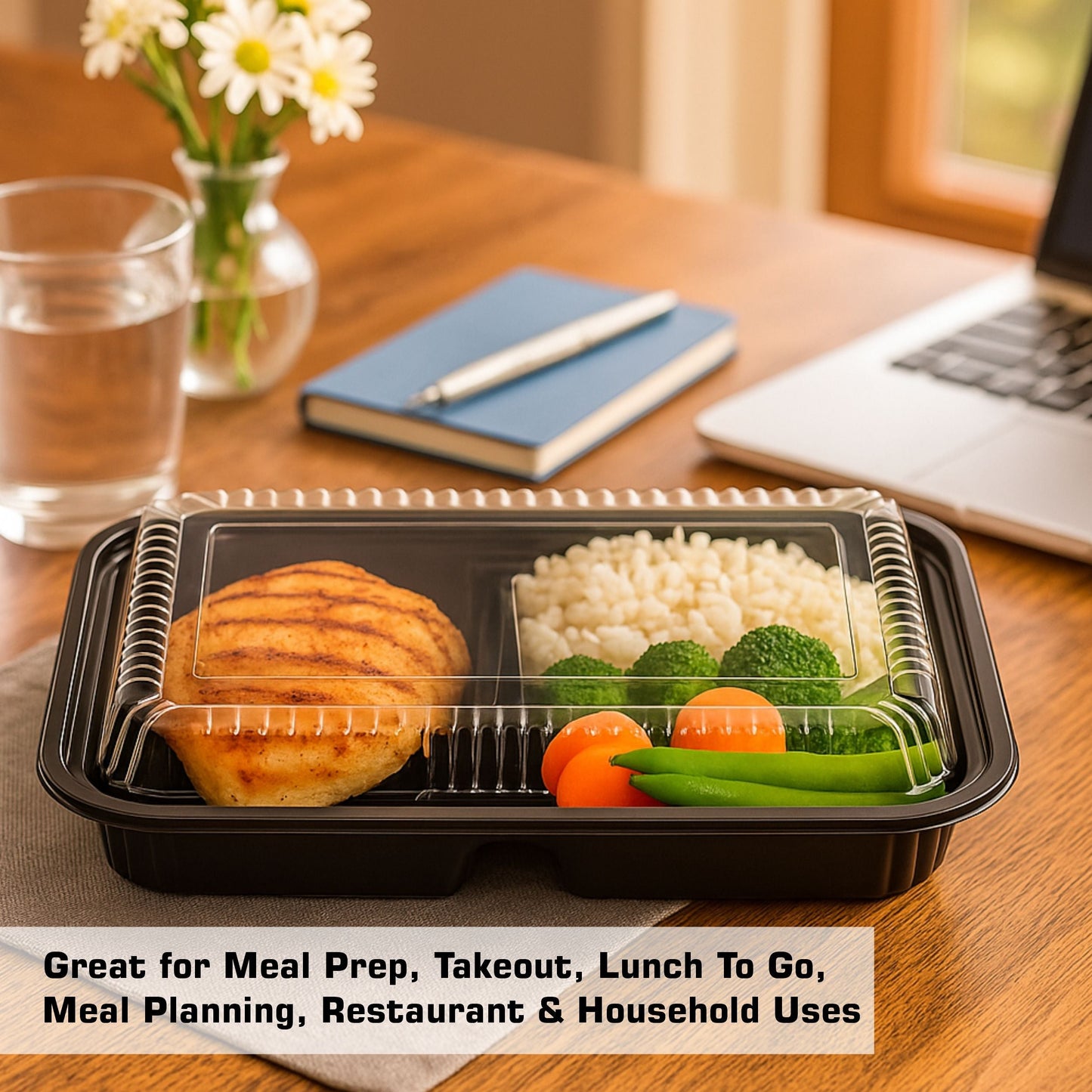 3 Compartment Black Disposable Container Meal Prep Bento Box with Lids