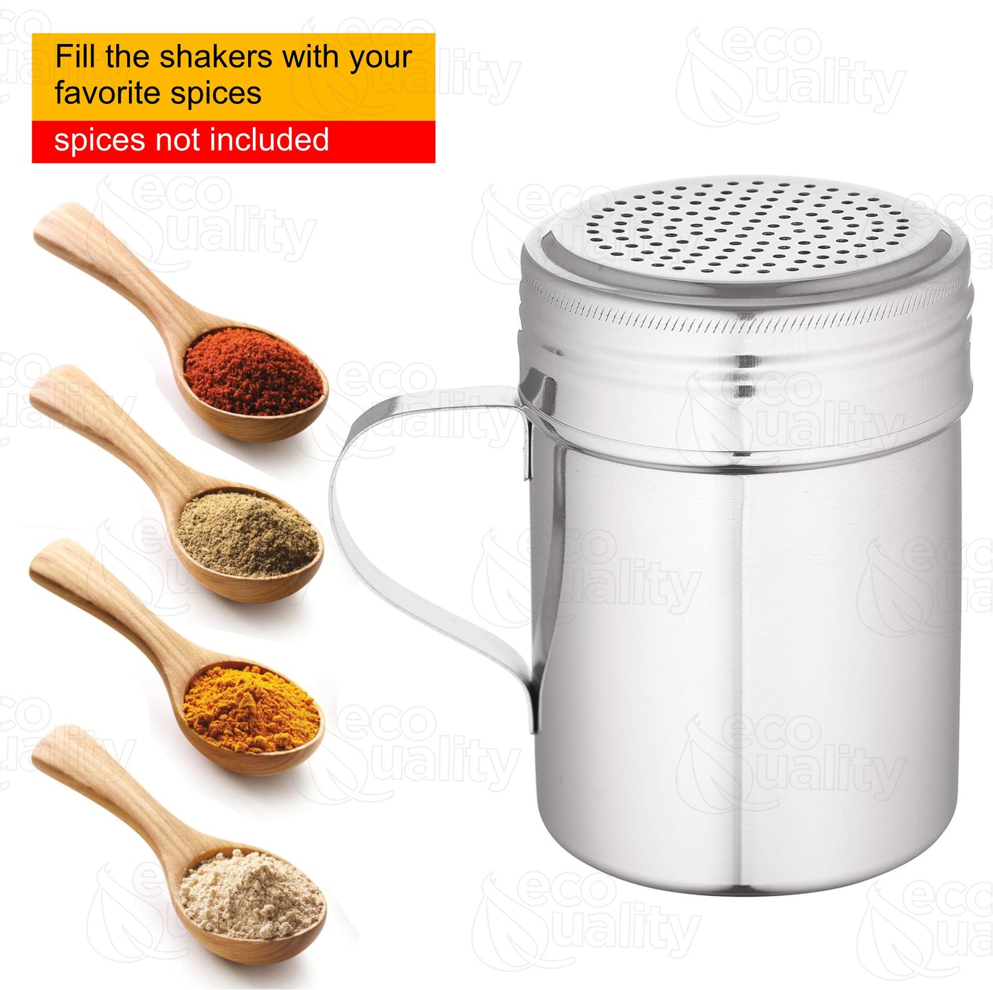 Stainless Steel Versatile Dredge Shaker Set with Handles 10 Ounce - Salt, Pepper, Sugar, Condiments, Oregano, Spices Shaker for Restaurants, Baking, Cooking by EcoQuality (10oz)