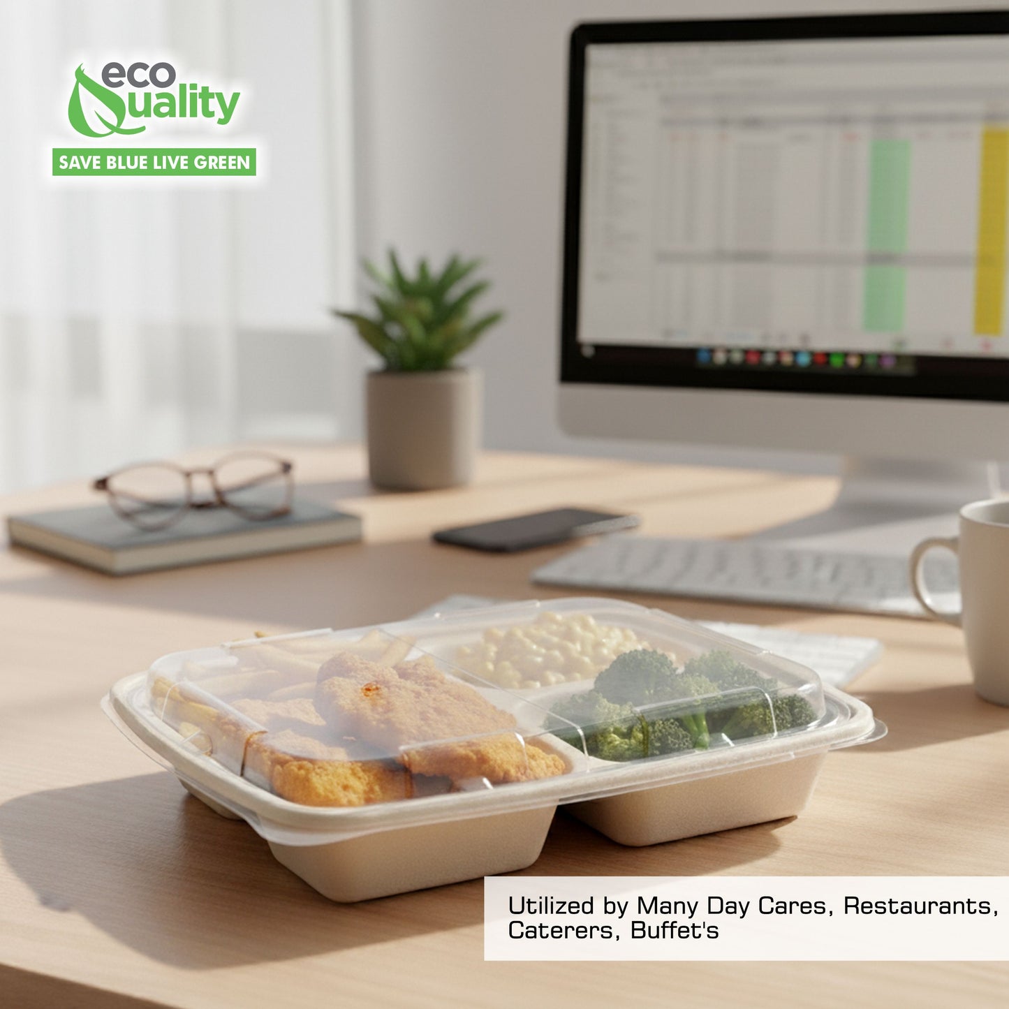 36oz 3 Compartment Compostable Food Storage Container
