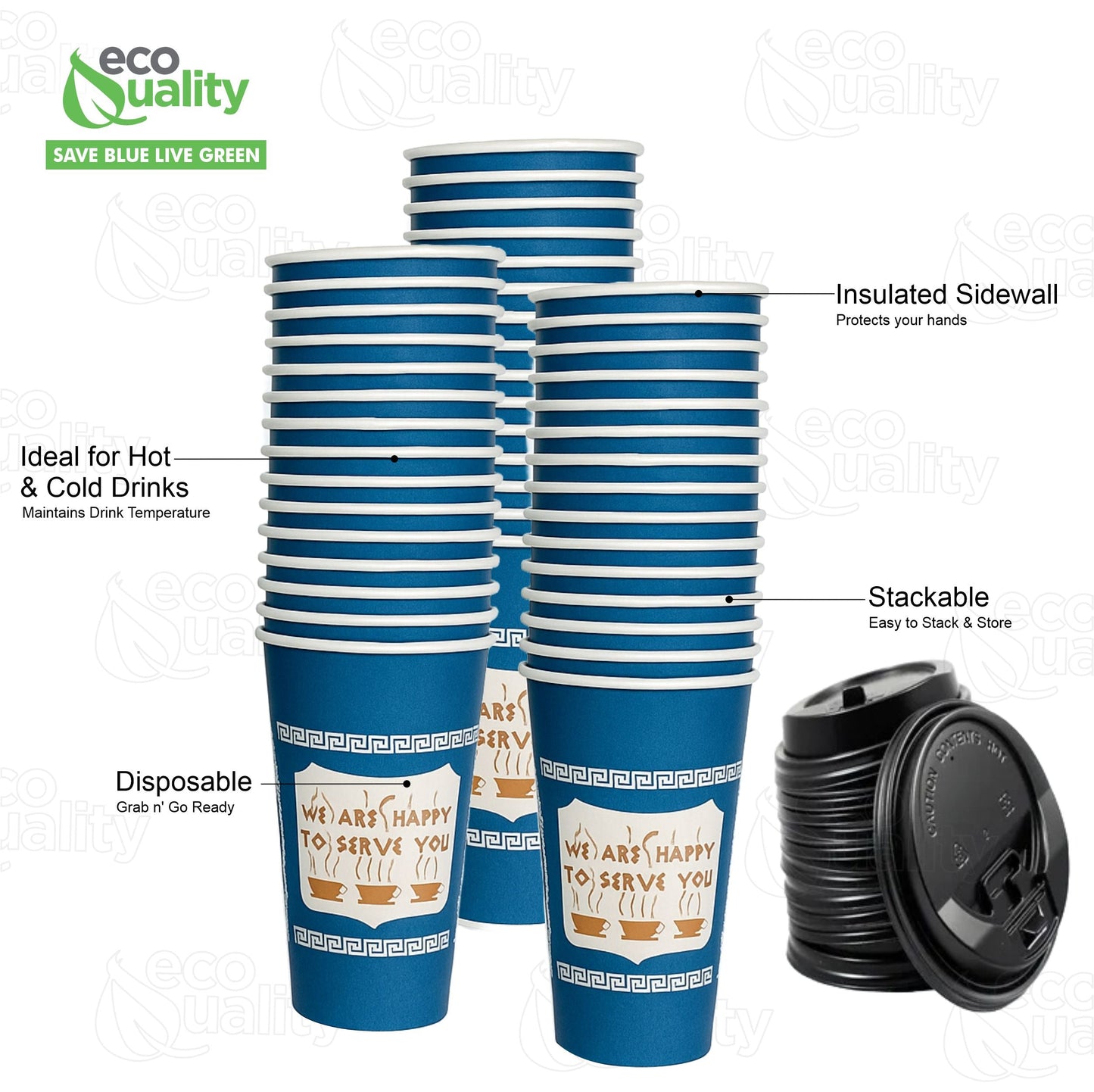 New York Greek Style Insulated Paper Hot Cold Cups with Black Dome Lids