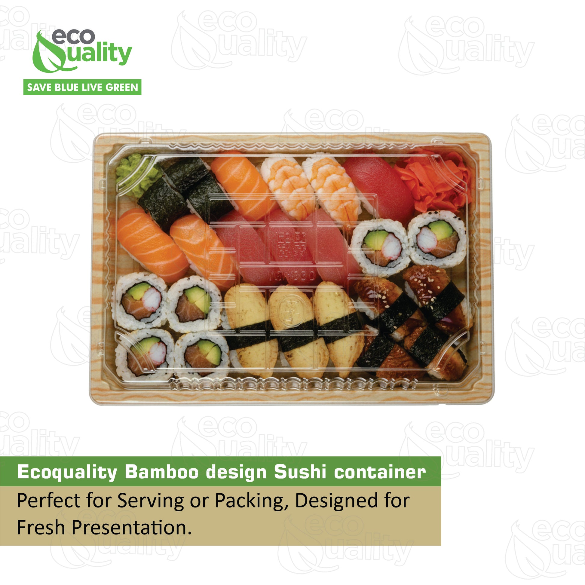 Rectangular bamboo look sushi container with clear plastic lid for takeout